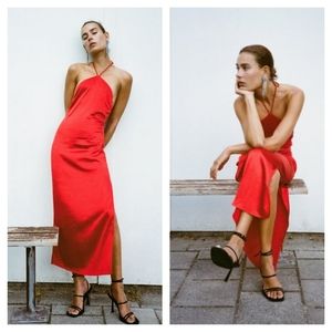 Zara Red Satin Halter Midi dress Medium